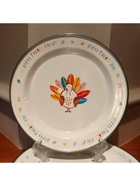 Set of 7 World Market Enamel & Metal Thanksgiving Turkey 8.25" Dinner Plates